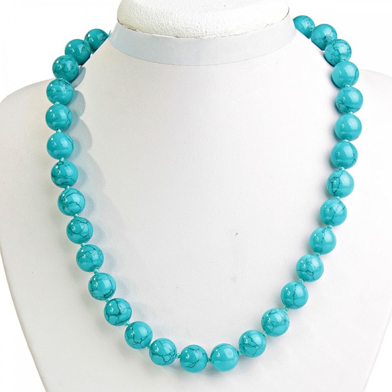 Blue Turquoise Beads with Veining 12mm Ball, 50cm Length