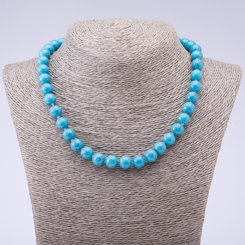 Turquoise bead necklace (raw) blue with veins glossy ball, diameter 10mm, length 45cm