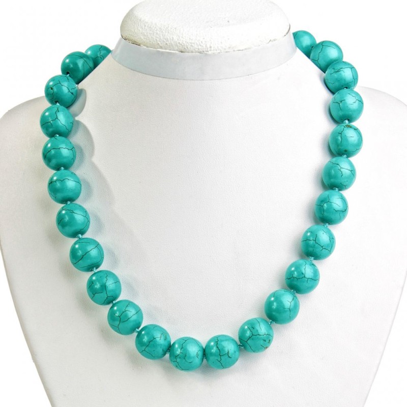 Necklace of Green Turquoise with Veins Round Beads 16mm, 49cm long