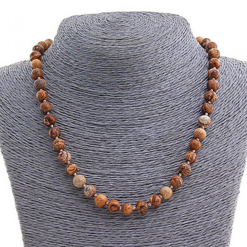 Landscape Jasper Necklace, natural stone, smooth round beads 8mm, length 47cm