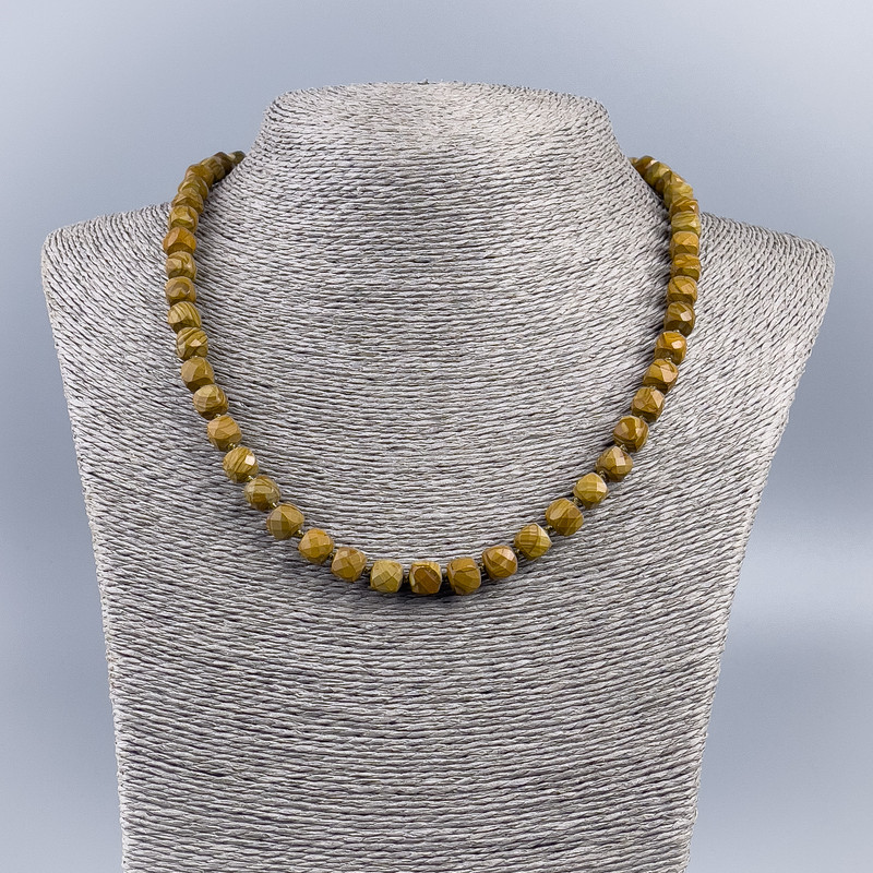 Landscape Jasper Bead Necklace with a Grenaded Cube, diameter 7mm±, length 48cm±