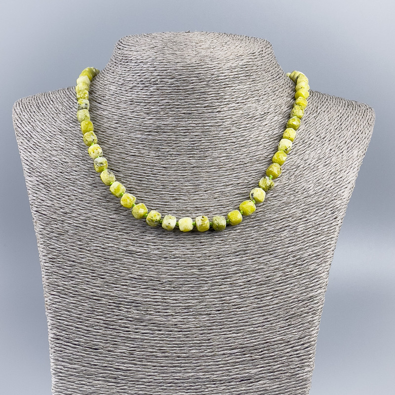 Necklace of natural stone Yellow Jadeite Faceted cube, diameter 7mm±, length 48cm±