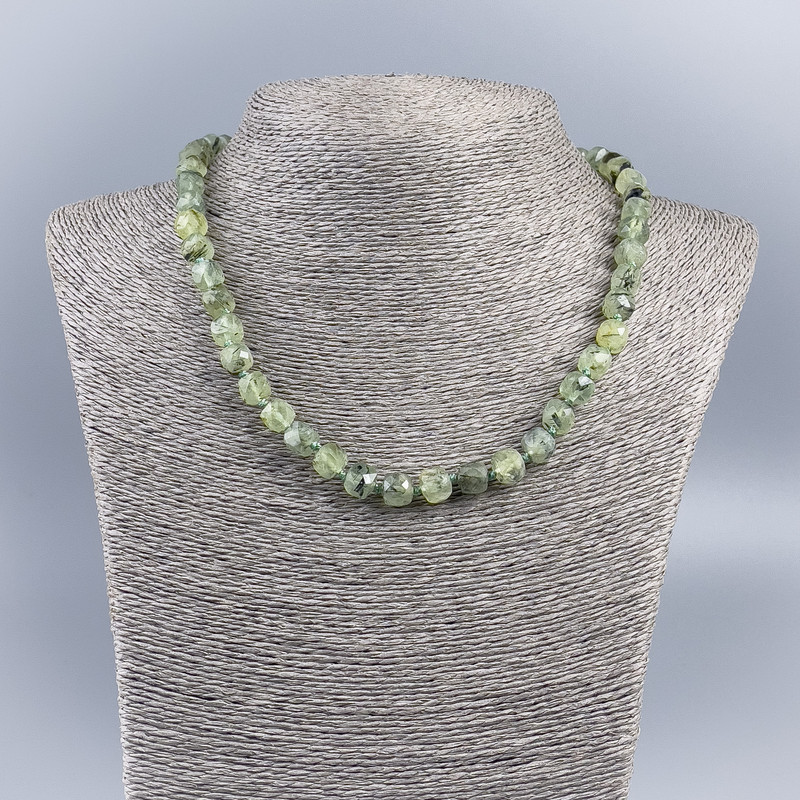 Necklace made from natural prehnite, faceted cube beads, 8mm diameter, length 48cm