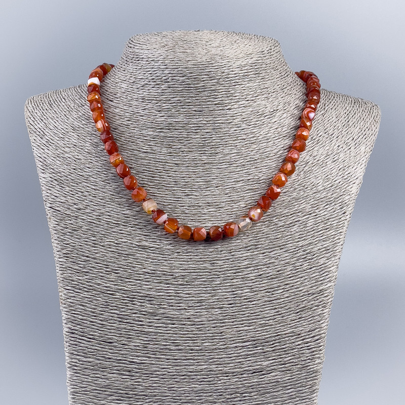 Natural stone Sardonyx necklace with a faceted cube bead, 7mm diameter, length 48cm