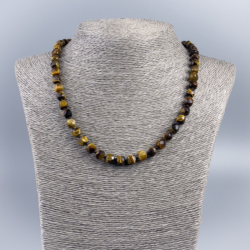 Tiger's Eye Bead Necklace, Faceted Cube 7mm, 48cm Length