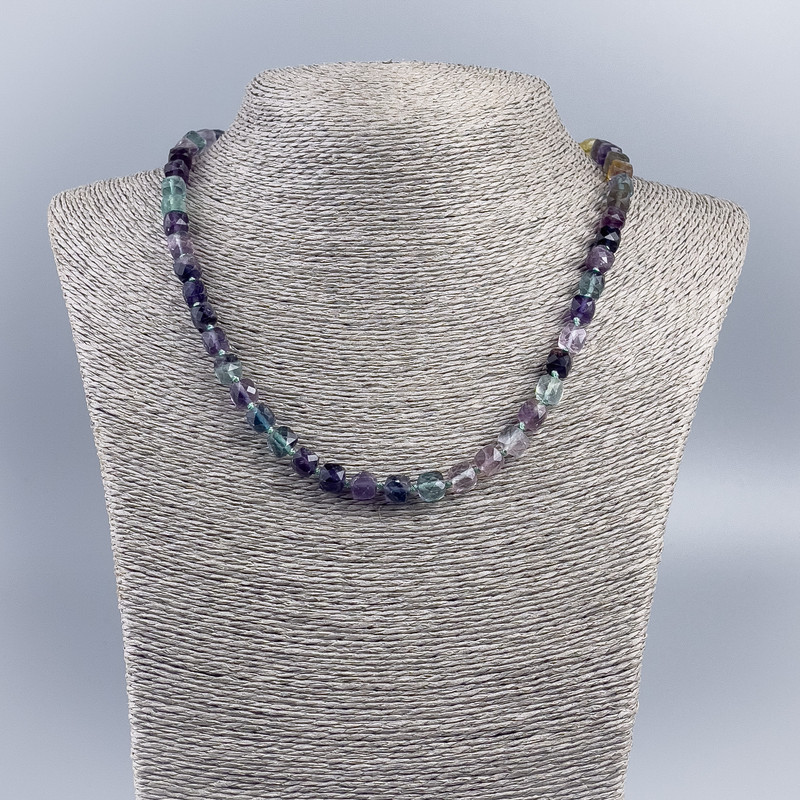 Natural stone Necklace Fluorite cube faceted, diameter 7mm±, length 48cm±