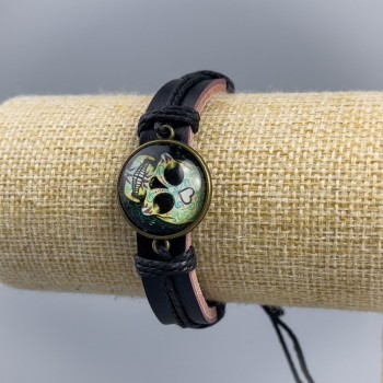 Eco Leather Bracelet 'Skull with Heart' with Pull-Through Fasteners 1 pc