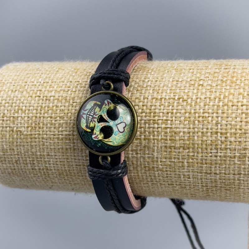 Eco Leather Bracelet 'Skull with Heart' with Pull-Through Fasteners 1 pc