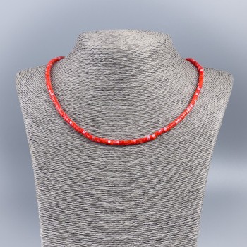 Choker Necklace of Natural Mother-of-Pearl (Tinted) Bright Red Smooth Rondelle, Diameter 4x2mm+/-, Length 48cm+