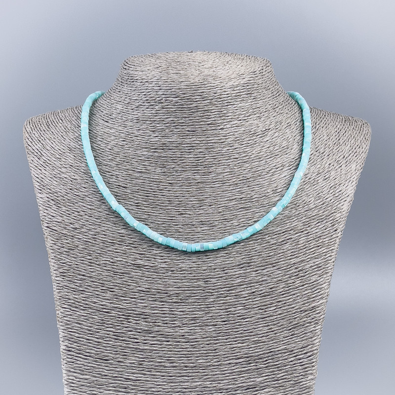 Natural Mother-of-Pearl Choker Necklace (tinted) azure smooth rondelle, diameter 4x2mm+/-, length 48cm+