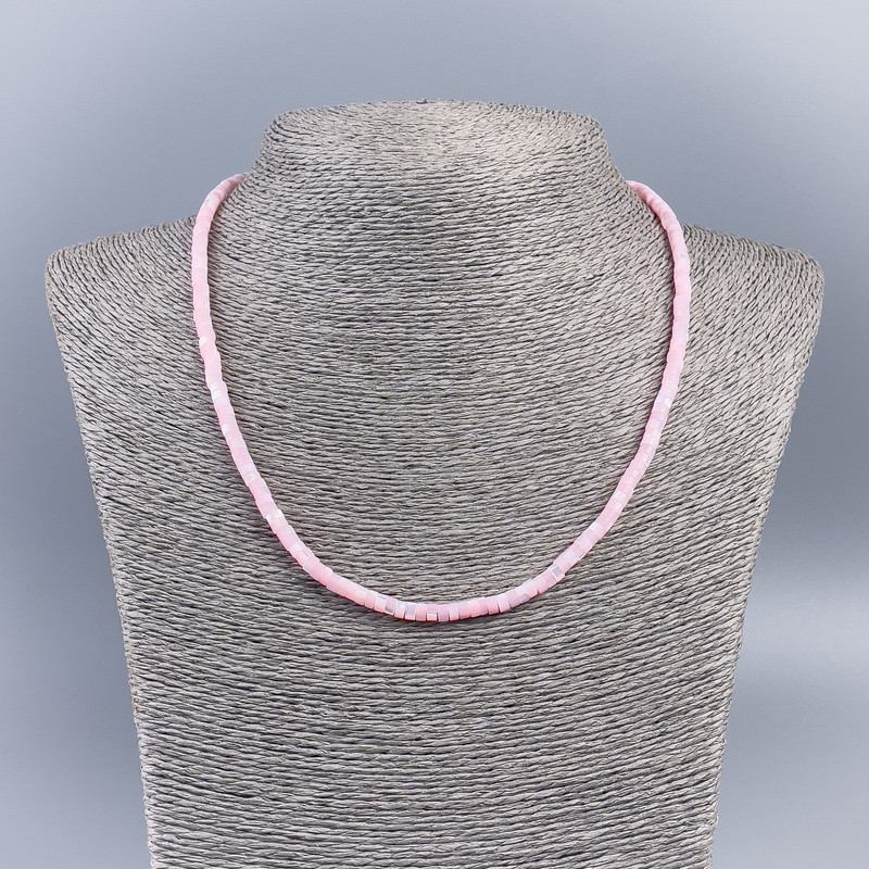 Choker Necklace of Natural Mother-of-Pearl (Tinted) Pink Smooth Rondelle, Diameter 4x2mm+-, Length 48cm+