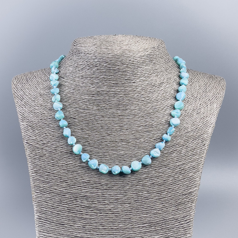 Necklace of Natural Mother-of-Pearl (Tinted) Light Blue Chip Beads, Diameter 8mm+/-, Length 50cm+