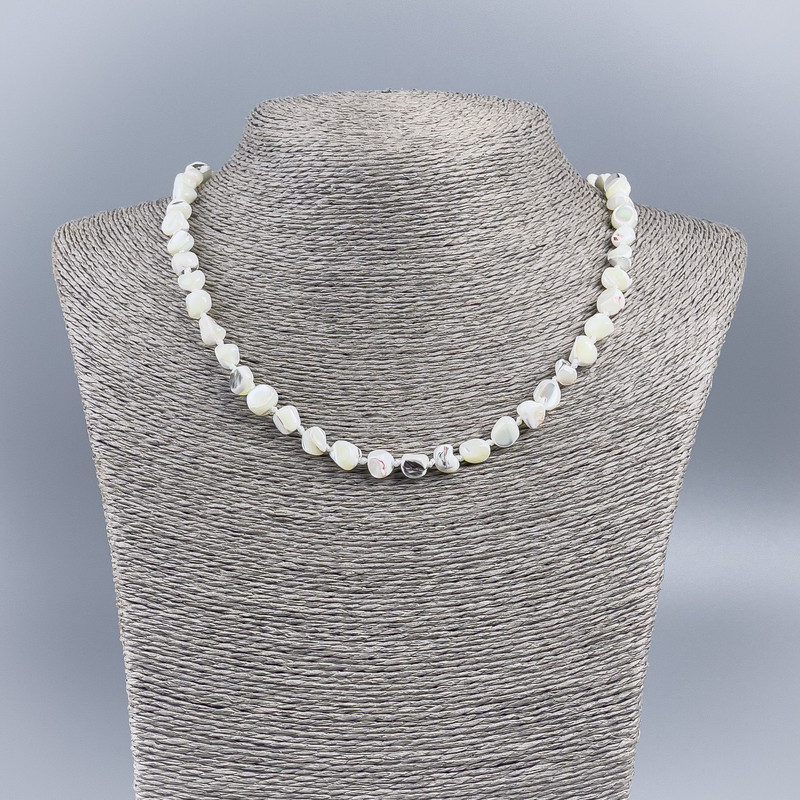 Necklace of Natural Mother-of-Pearl (Tinted) White Rounded Tumbled Beads, Diameter 8mm+/-, Length 48cm+