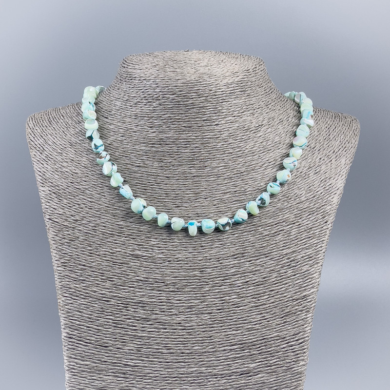 Necklace, Natural Mother-of-Pearl (Tinted) Azure Round Tumbled Beads, Diameter 8mm+/-, Length 48cm+