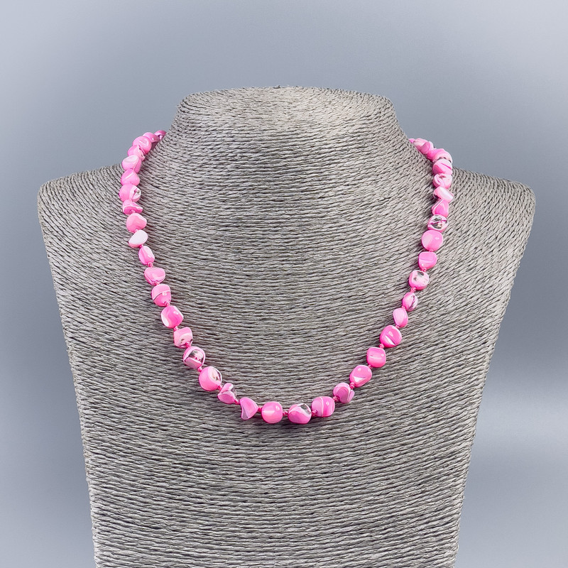 Necklace made from natural mother-of-pearl (toned) raspberry round rice grain beads, diameter 8mm±, length 48cm±
