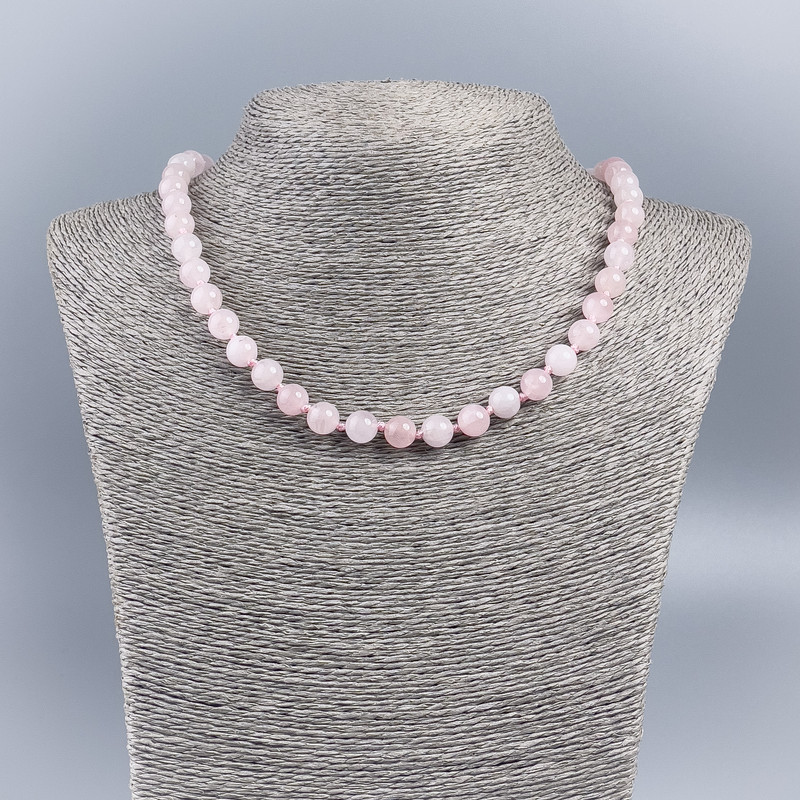 Natural Stone Necklace - Rose Quartz, smooth round beads 8–9mm, length 50cm