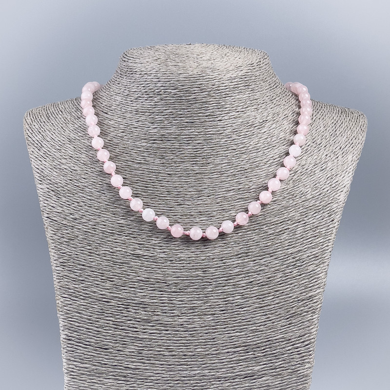 Necklace of natural stone Pink quartz smooth bead, diameter 6-7mm, length 50cm