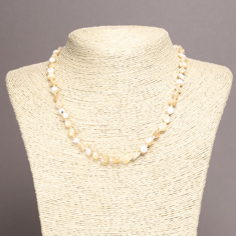 Necklace made of natural mother-of-pearl, beige. round tumbled, diameter 7×5mm±, length 45cm±