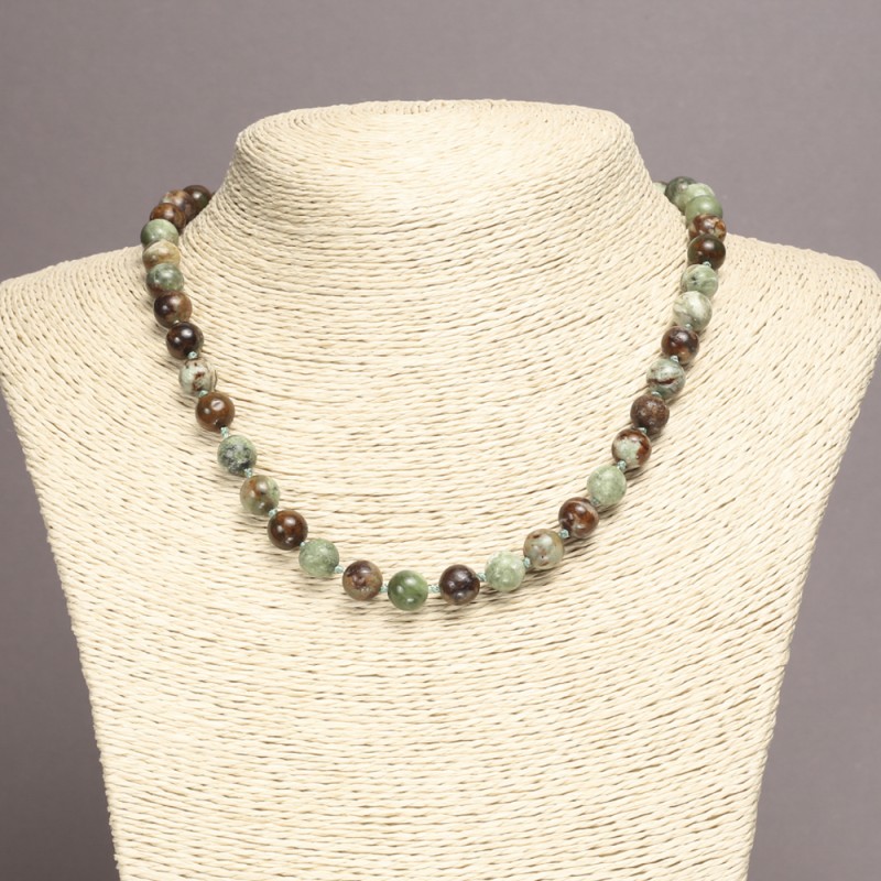 Necklace of Natural Green Jasper Stone, Smooth Round Beads, Diameter 8mm+/-, Length 45cm