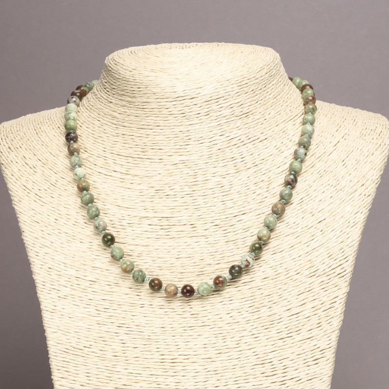Necklace of Natural Green Jasper Stone, Smooth Round Beads, Diameter 6mm+/-, Length 45cm+