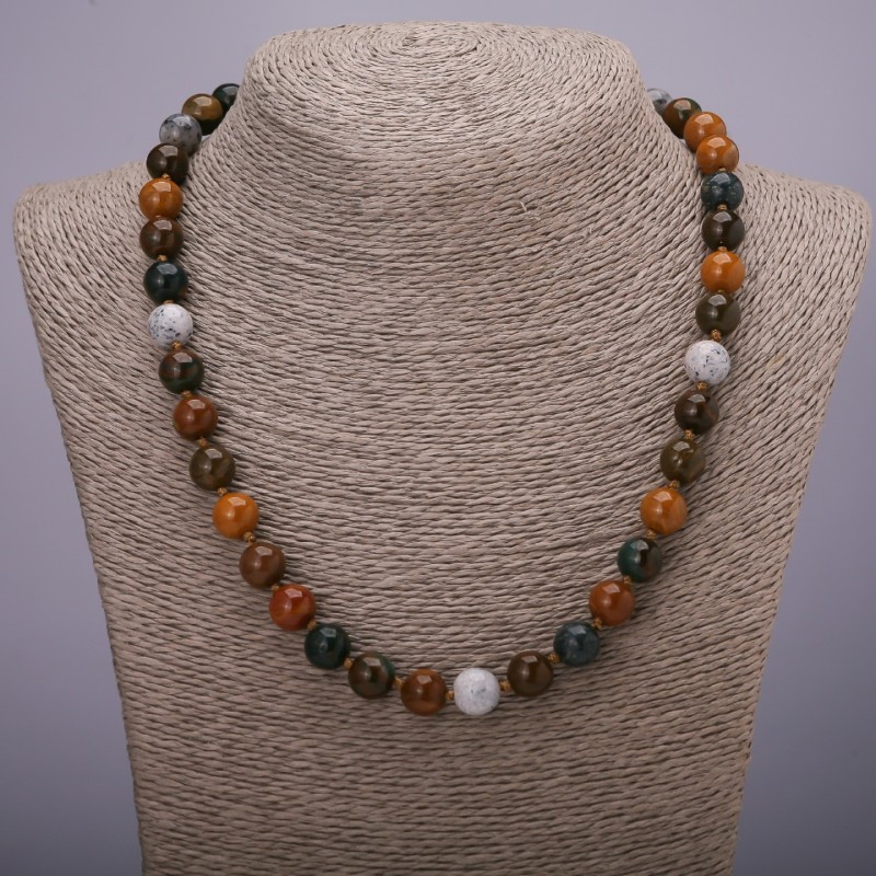 Assorted natural stone necklace with smooth round beads, diameter 10(±)mm, length 45cm