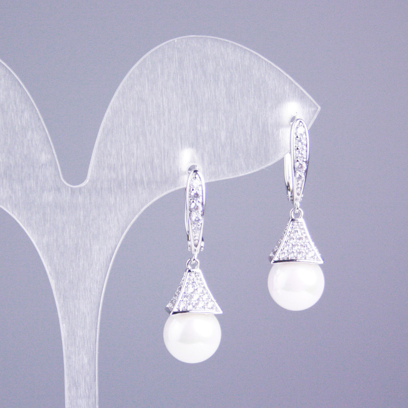 Xuping Earrings, Rhodium with White Rhinestones and Majorca Pearl, 30x10mm+