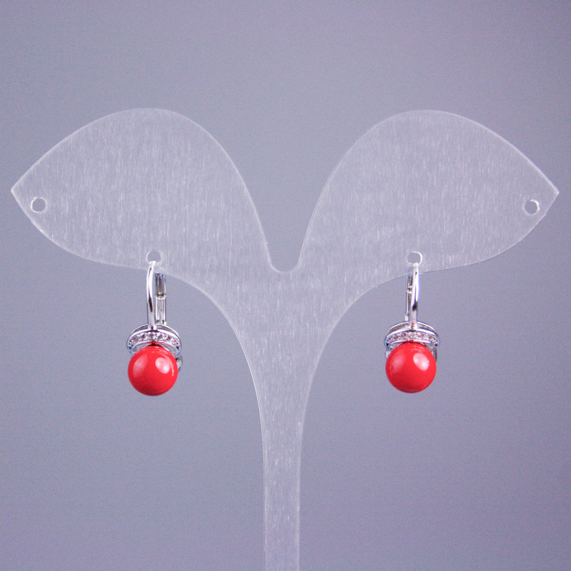 Xuping Earrings, Rhodium with White Rhinestones and Red Bead, 17x8mm+