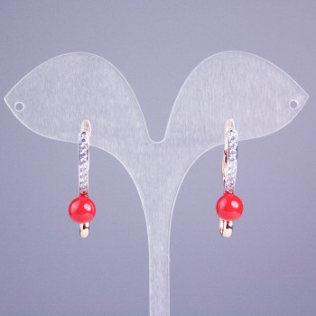 Xuping Earrings 18K Gold Plated with White Rhinestones and Red Bead, diameter 30x8mm+