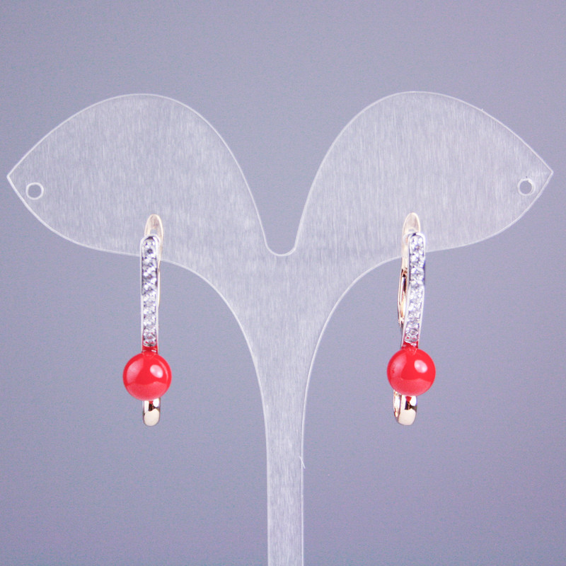 Xuping Earrings 18K Gold Plated with White Rhinestones and Red Bead, diameter 30x8mm+