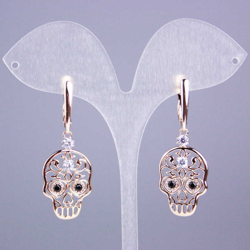 Xuping Earrings 18K Gold Plated with White and Black Stones Skull, length 45mm+