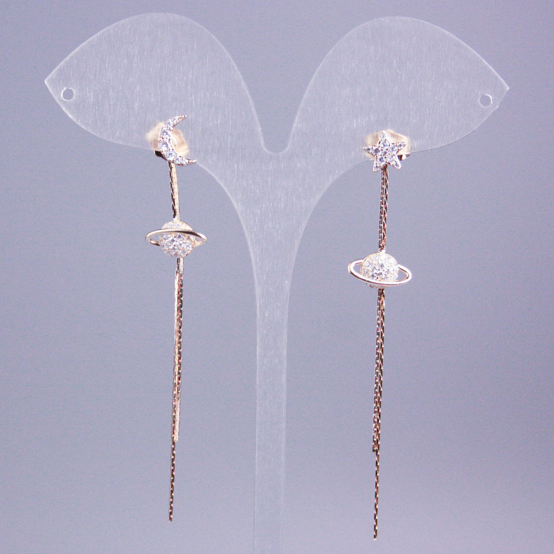 Xuping Stud Earrings, 18K Gold Plated, Long, Length 70mm+- with White Rhinestones Moon, Star, Planets