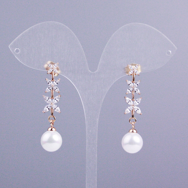 Xuping Stud Earrings 18K Gold Plated, Long, Length 40mm+/- with White Stones and Majorca Pearl, Diameter 10mm+