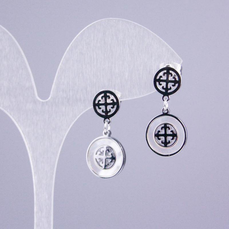 Xuping Rhodium Stud Earrings with Mother-of-Pearl Inserts Circle, diameter 12mm+/-, 8mm+/-, length 25mm+