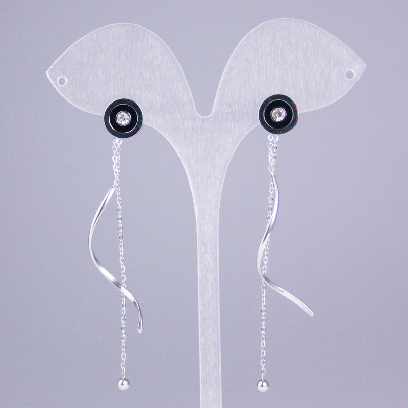 Xuping Rhodium Stud Earrings with Black Enamel Circle, diameter 10mm+/- with white stones and chains, length 7cm+