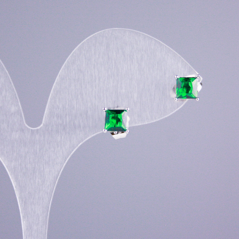Xuping Rhodium Stud Earrings with Green Stone 5x5mm Square +-, Length 16mm+