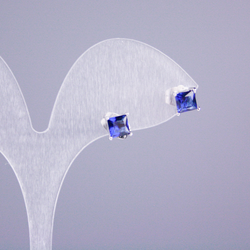 Xuping Rhodium Stud Earrings with Blue Stone 5x5mm Square +-, Length 16mm+