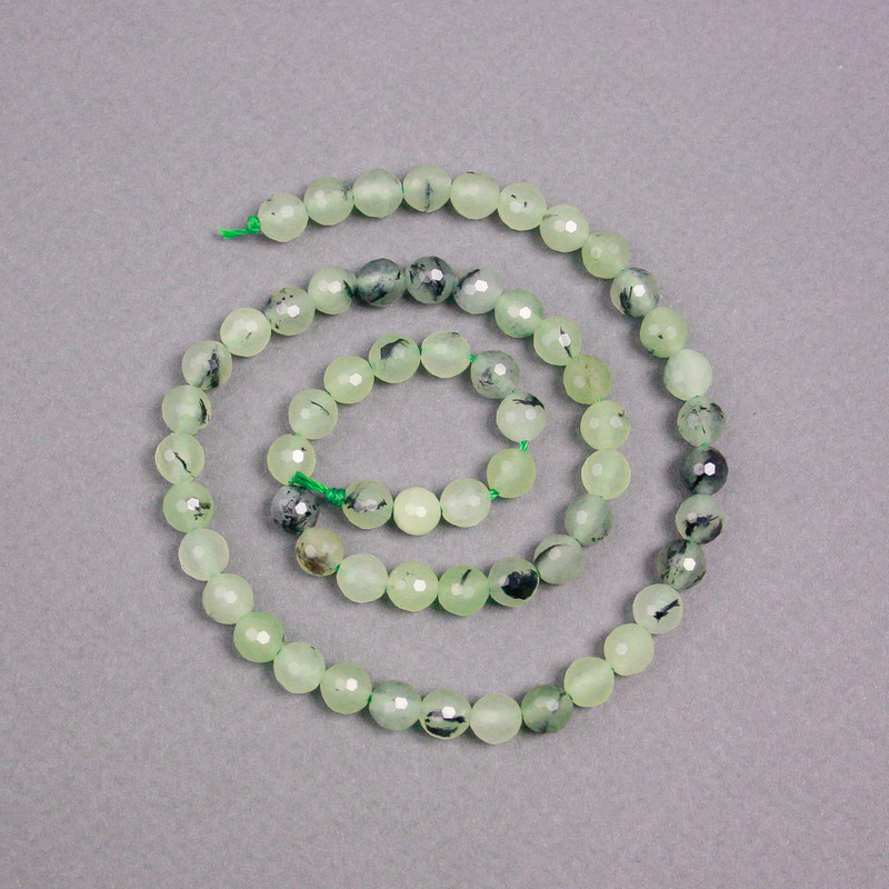 Prehnite Beads on Thread, Natural Stone Faceted Ball, Diameter 6mm+-, Length 39cm+