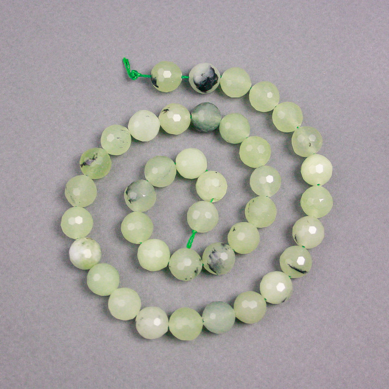 Prehnite Beads on String, Natural Stone Faceted Ball, Diameter 10mm+/-, Length 39cm+