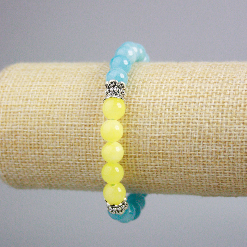 "Ukraine" Bracelet Aquamarine (Imitation), Citrine (Imitation) Smooth Round, Diameter 8.5mm+-, Length 18cm+- (Stretch)