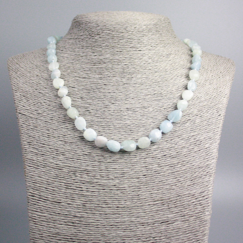 Aquamarine Necklace, natural stone, tumbled, diameter 9x8mm+/-, length 48cm+