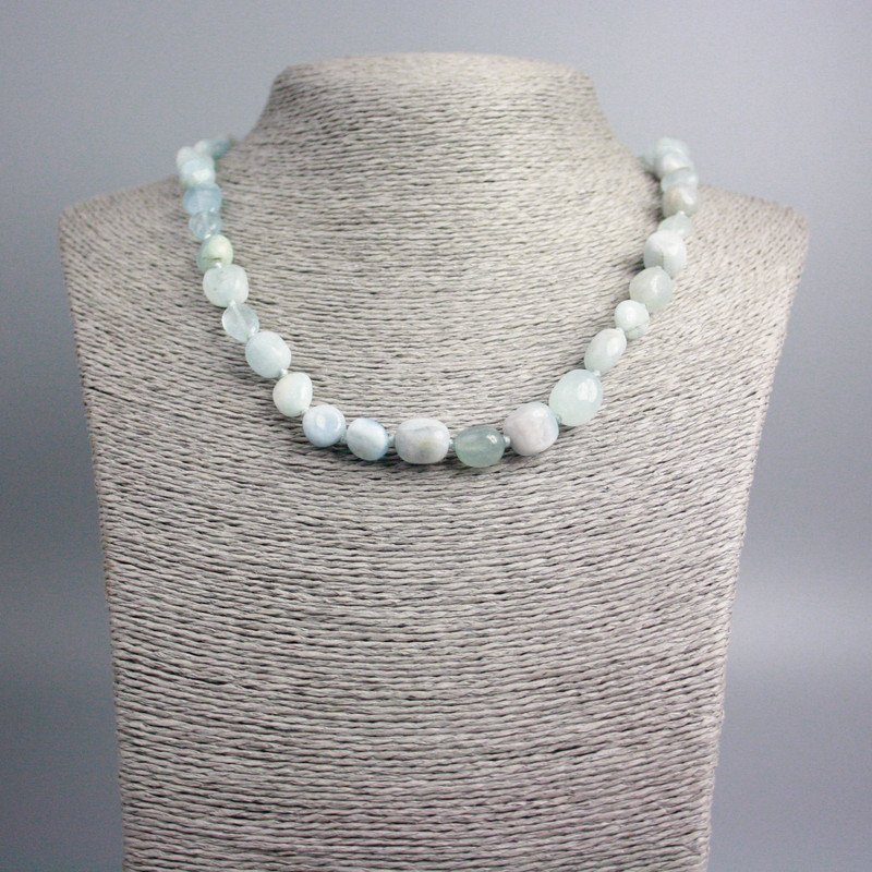 Aquamarine Necklace, natural stone, tumbled, diameter 13x9-8x7mm+/-, length 47cm+