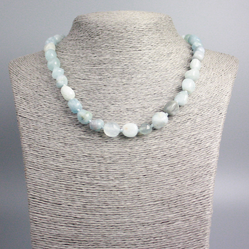 Aquamarine Necklace, natural stone, tumbled, diameter 12x9-8x7mm+/-, length 47cm+