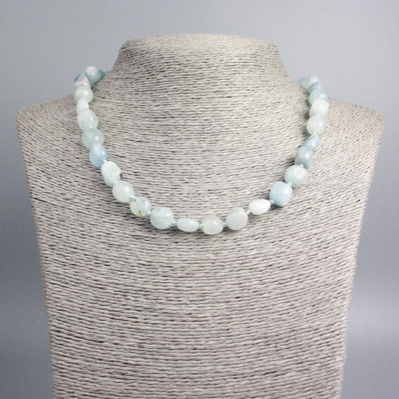 Aquamarine Necklace natural stone tumbled, diameter 11x9mm+/-, length 47cm+