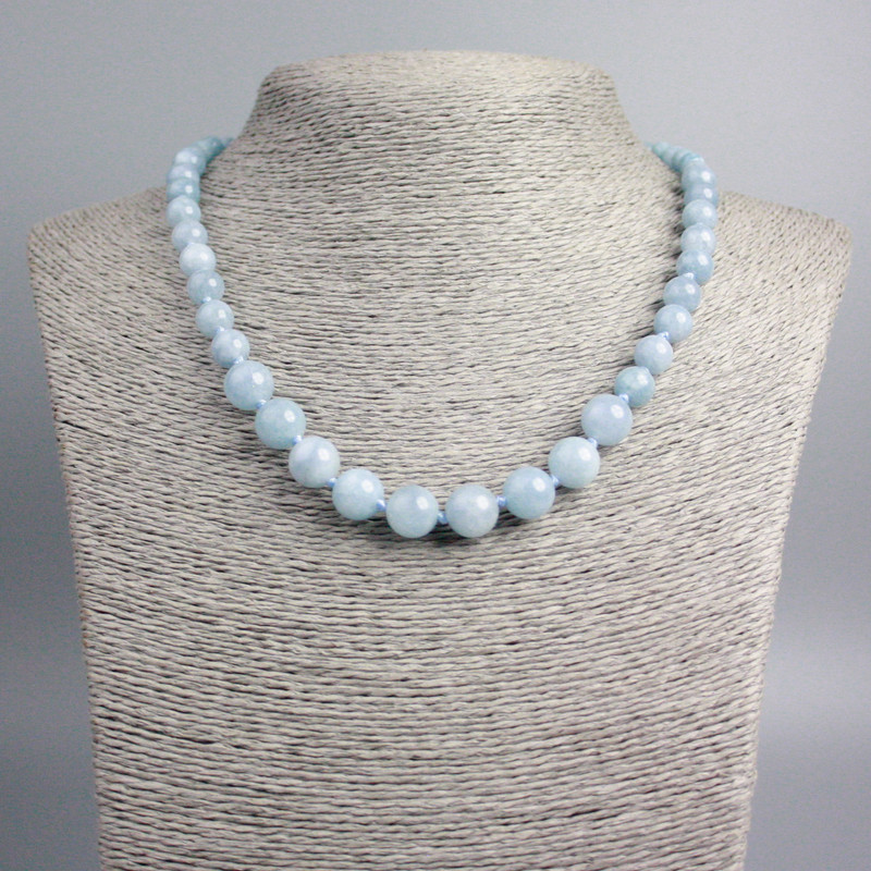 Necklace Aquamarine natural stone smooth ball graduated, diameter 10, 8, 6mm+-, length 46cm+