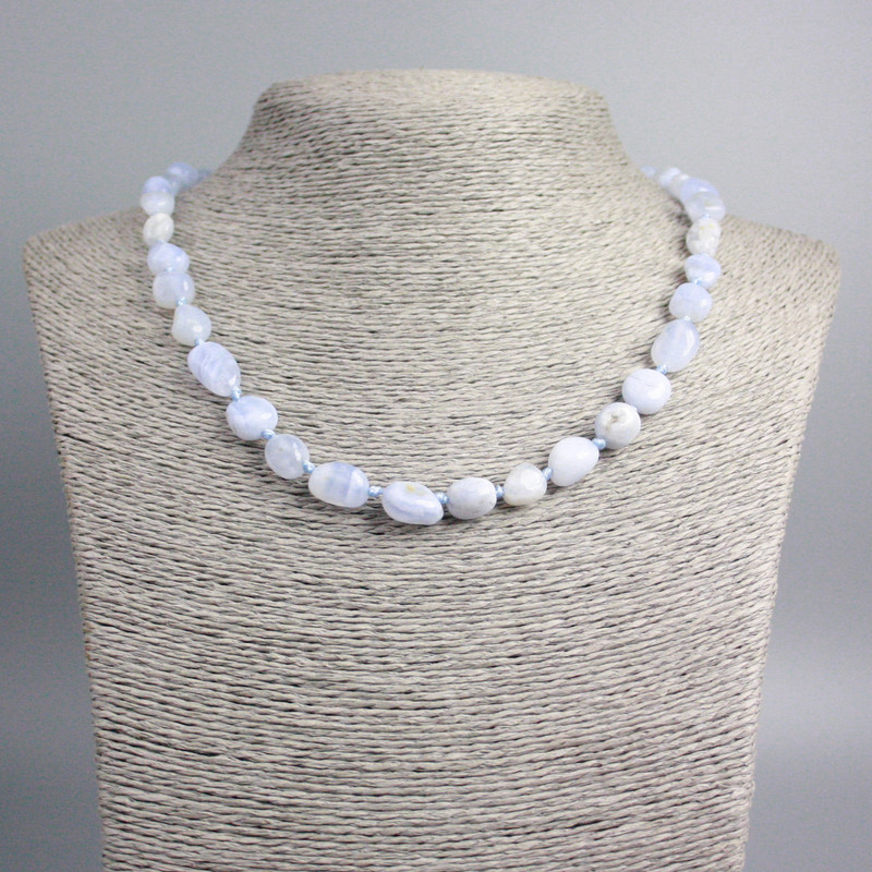 Necklace Blue Agate Chalcedony natural stone tumbled, diameter 12x9-8x7mm+-, length 48cm+
