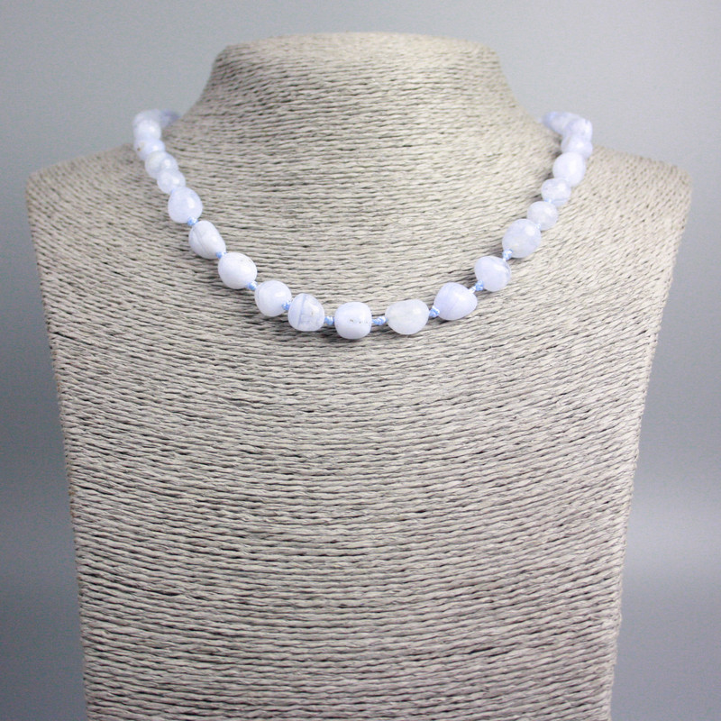 Necklace Blue Agate Chalcedony natural stone tumbled, diameter 11x8mm+-, length 46cm+