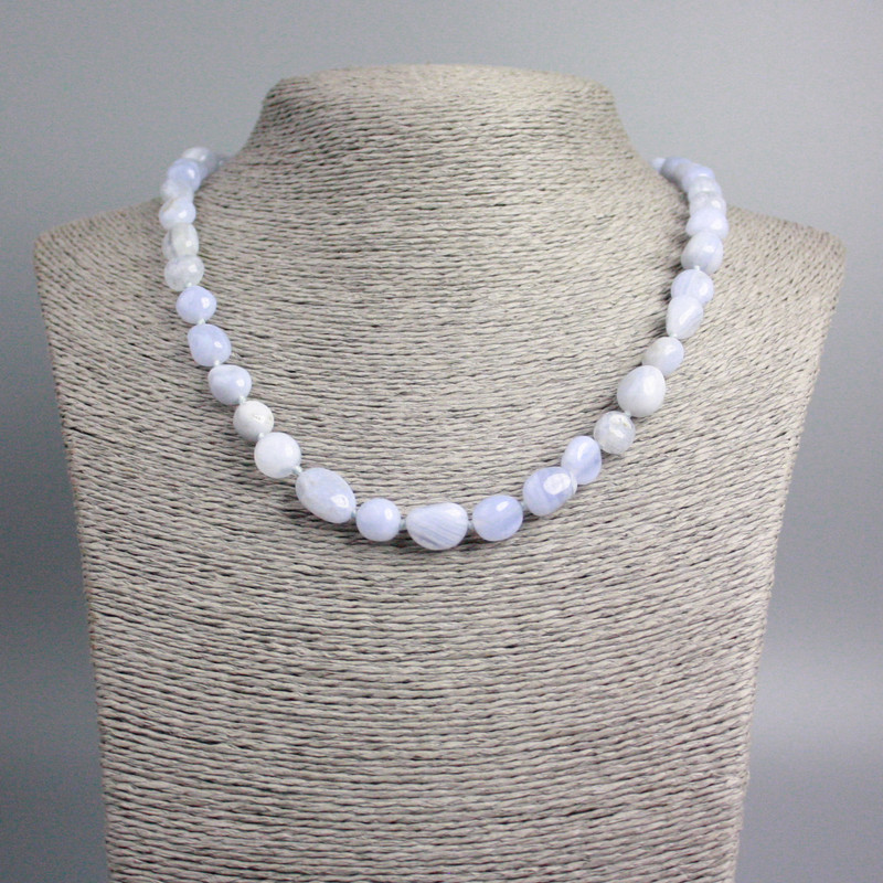 Blue Agate Chalcedony Necklace, natural stone, tumbled, diameter 14x9-8x7mm+/-, length 47cm+