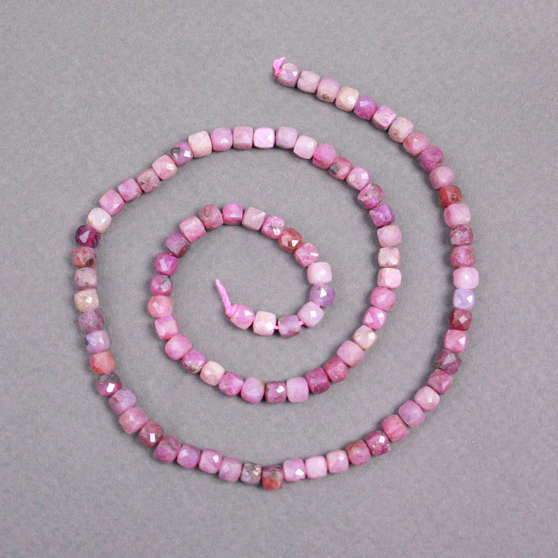 Ruby Natural Stone Beads on Thread, faceted cube, diameter 4x4mm+/-, length 39cm+
