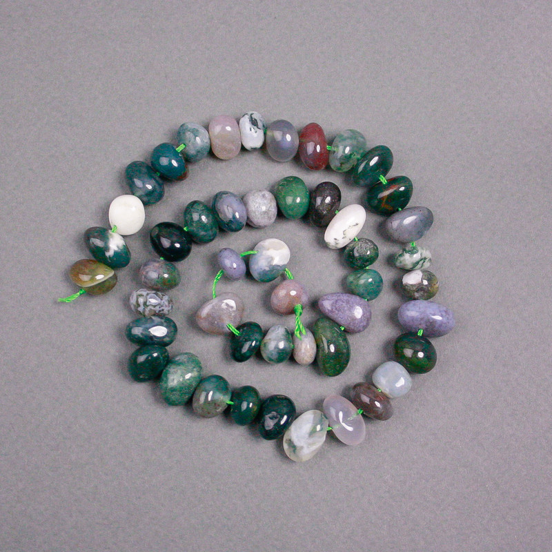 Moss Agate Beads on Thread, Natural Stone Tumbled, Diameter 11x9mm+/-, Length 40cm+