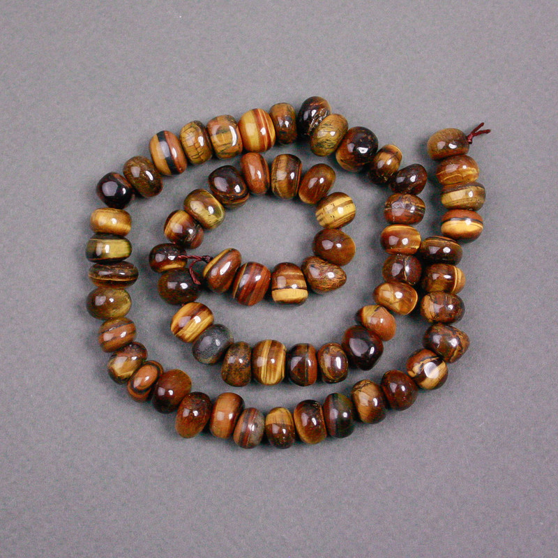 Tiger's Eye Beads on Thread, Natural Stone Tumbled, Diameter 9x6mm+/-, Length 39cm+